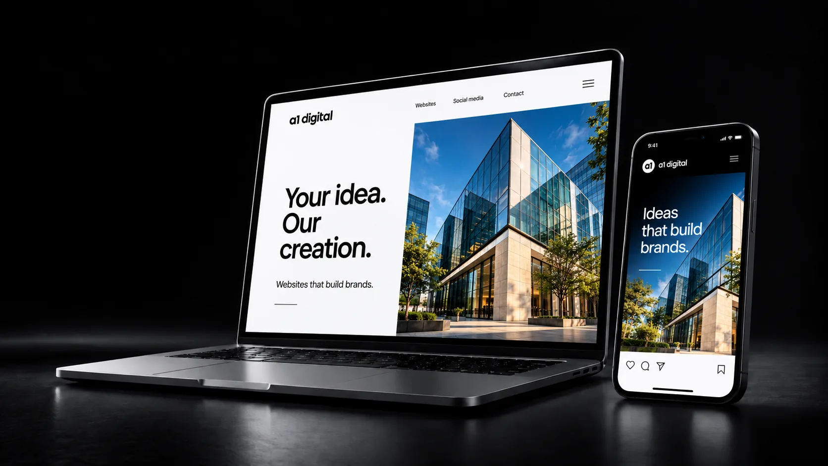 Website and social media concept on a laptop and phone