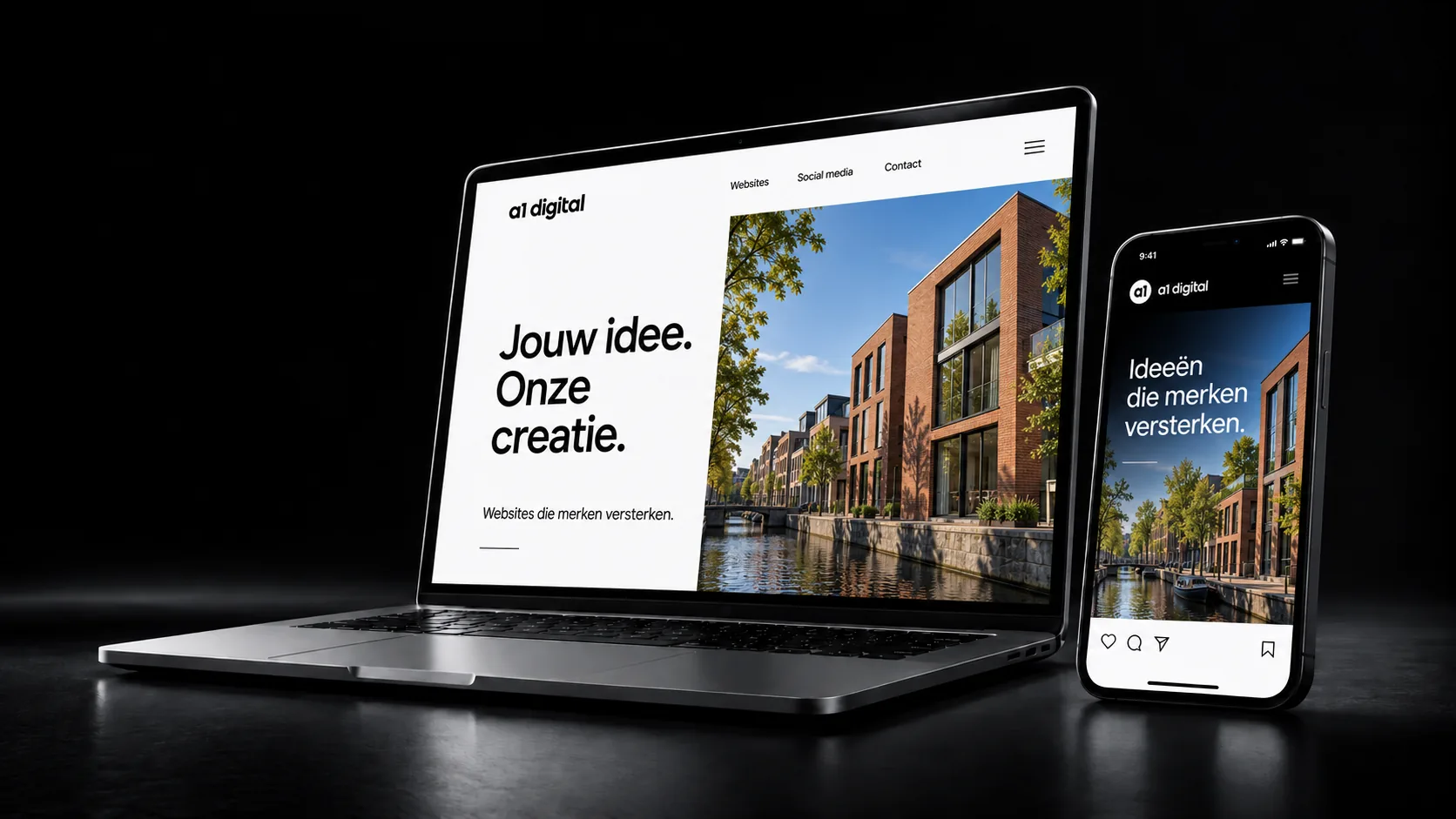 Concept voor een website en social media op een laptop en telefoon
