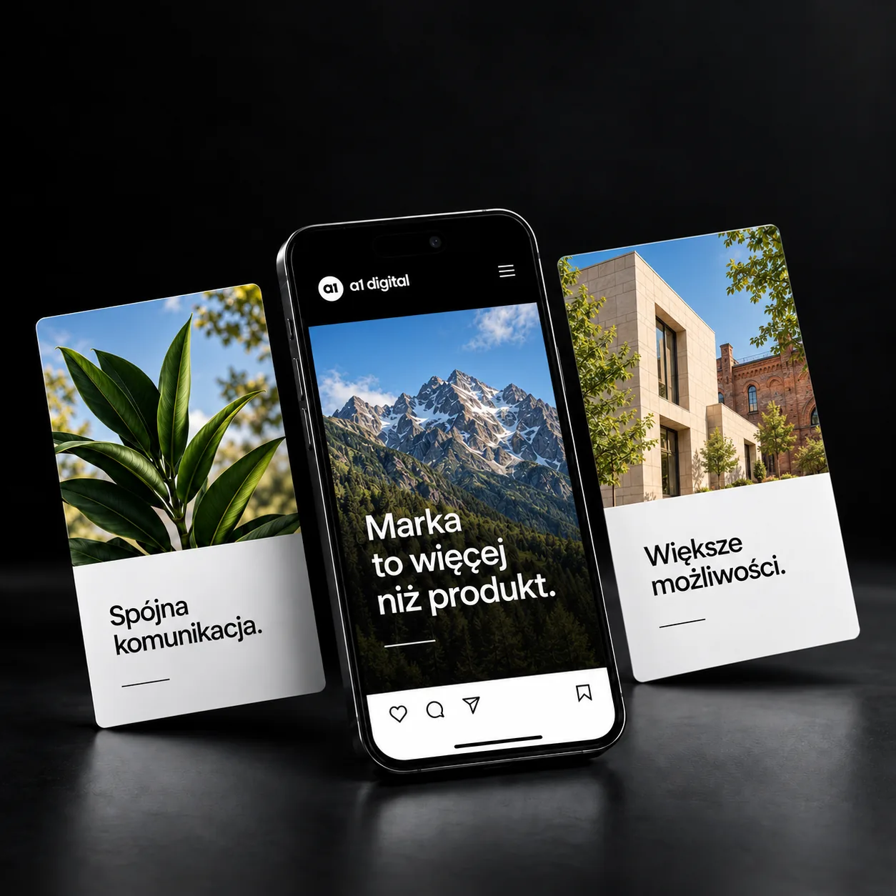 Koncepcja spójnych postów social media z górami, roślinami i architekturą
