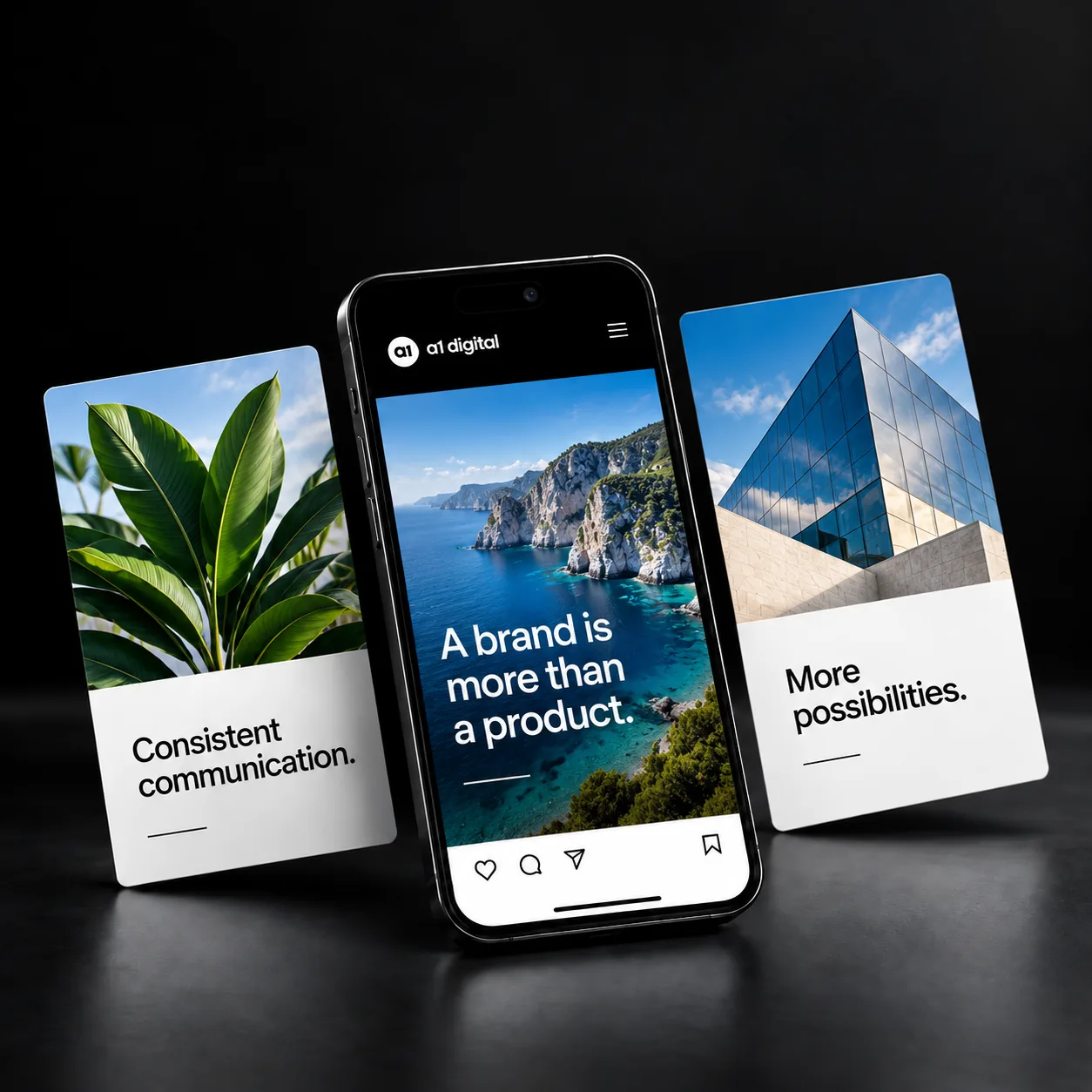 Coordinated social media post concepts featuring mountains, plants and architecture