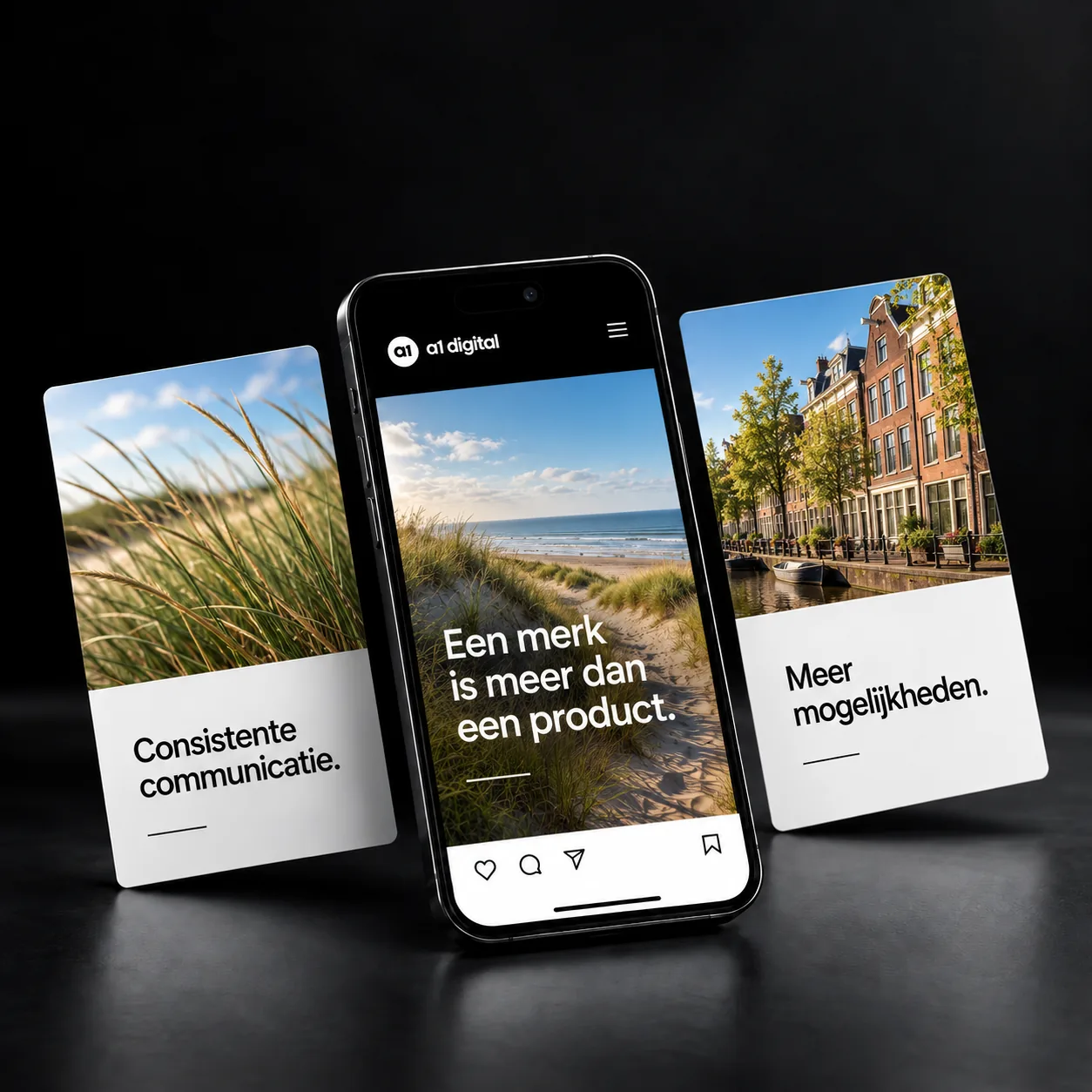 Samenhangende socialmediaconcepten met bergen, planten en architectuur